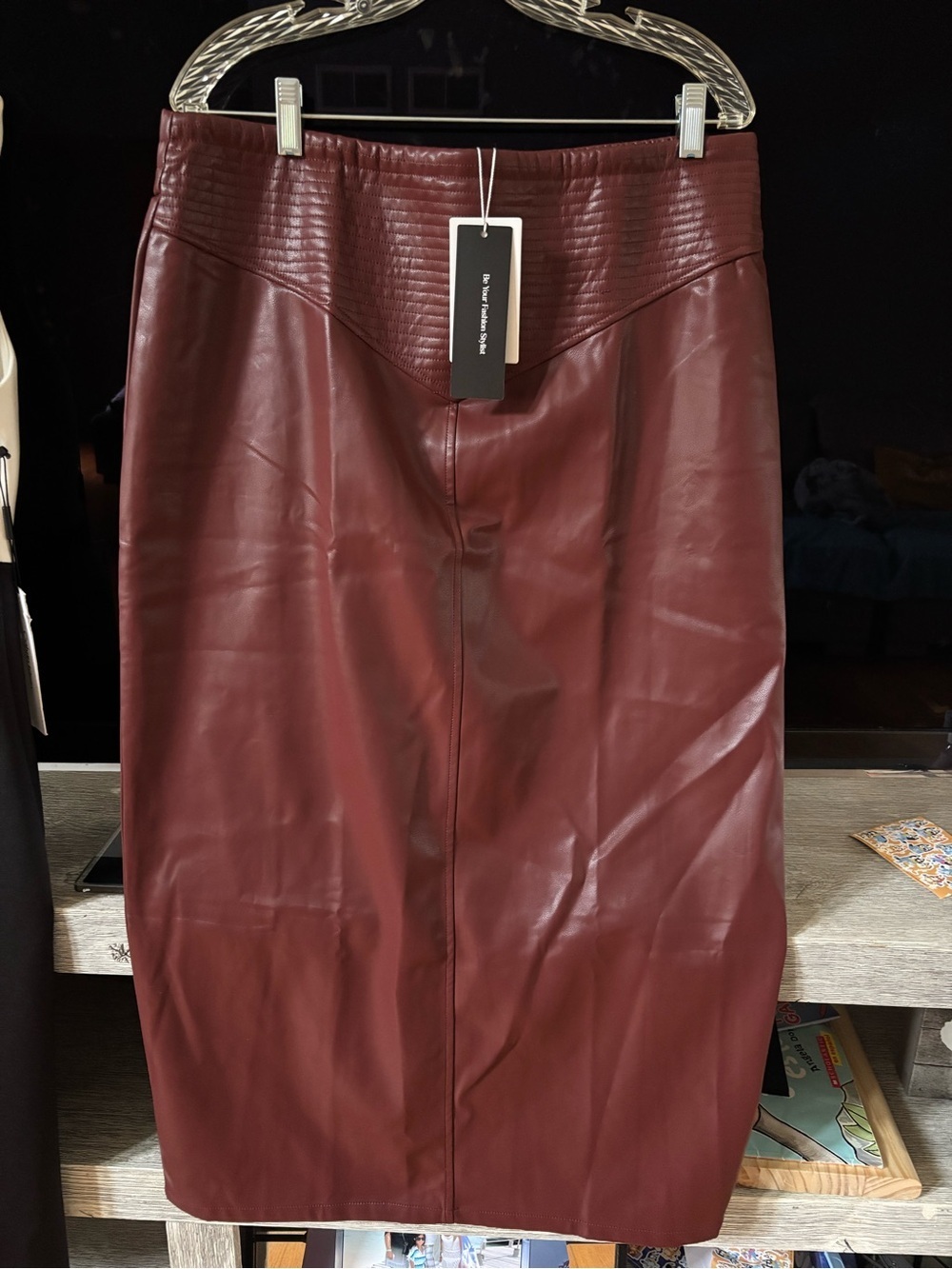 Women's Burgundy Maxi Leather Skirt - Sleek Pencil Maxi - Picture 7 of 9